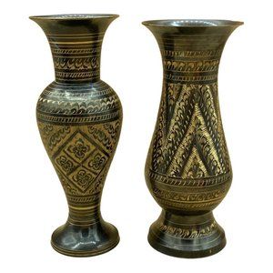 Flower Vase Metal Meenakari Work Black & Brass 5 3/4” Home Décor Pair